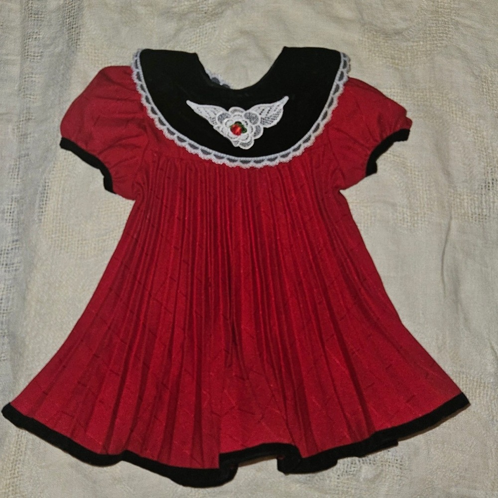 Expressions Red Pleated Baby Dress Black Velvet Lace Collar Rose 18 Months